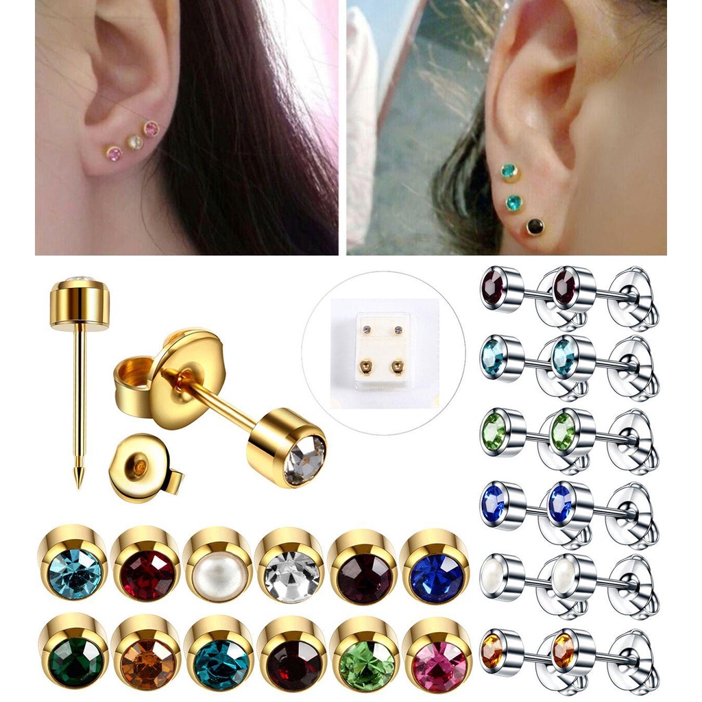 CLEVER 1 Đôi Bông Tai Pha Lê 4mm Màu Vàng / Bạc Chống Nhạy Cảm