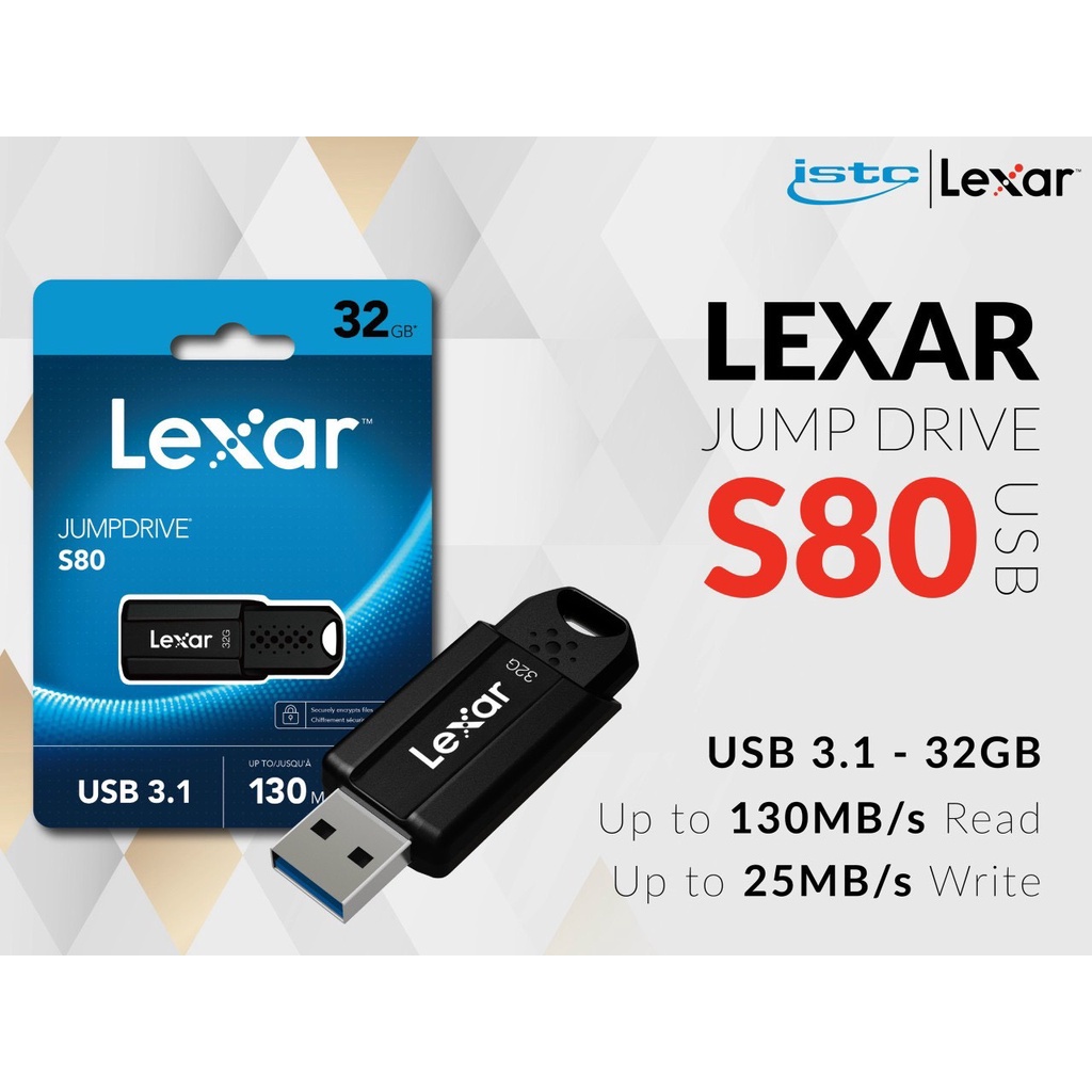 [Chính Hãng] USB Lexar Drive 32GB / 64G-S80 USB 3.1, tốc độ đọc lên tới 130Mb/s,Ghi 25Mb/s - Tin Học Mai Hoàng Phân PhốI