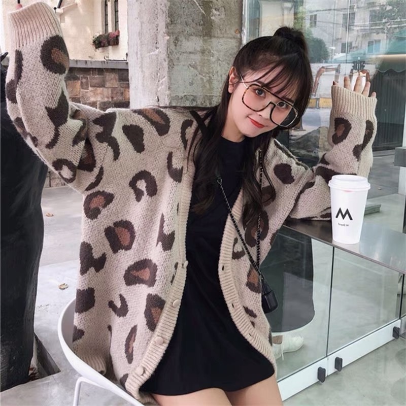 VN470 Áo cardigan len thu đông họa tiết da báo nữ tính