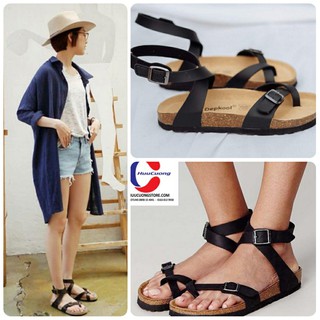 Giày sandal nam nữ xỏ ngón cố cao qoai pu đen đế trấu unisex