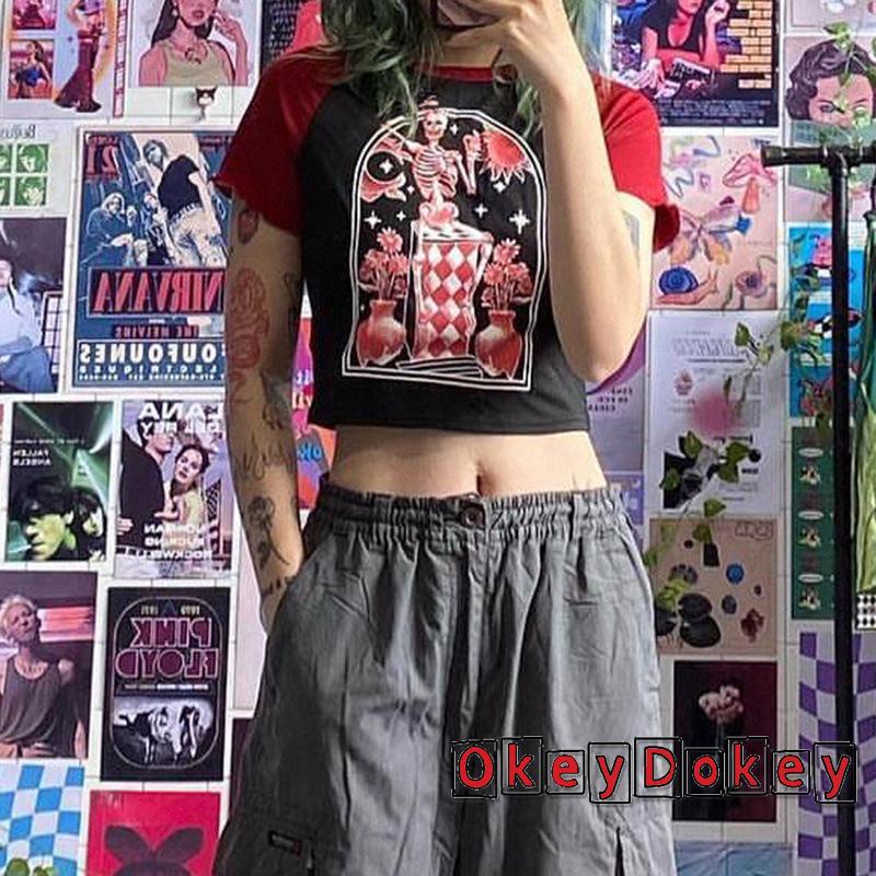 Áo Crop Top Nữ Tay Ngắn In Hình Đầu Lâu Phong Cách Punk Y2k