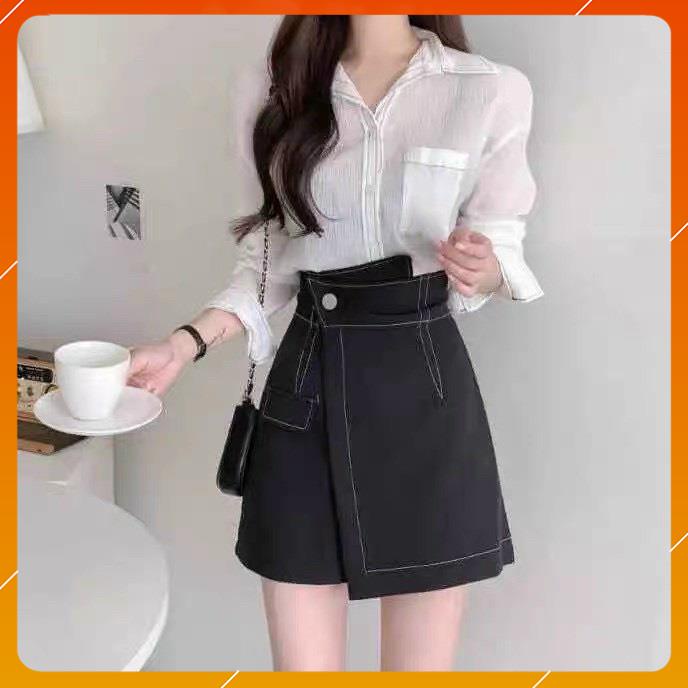 Quần giả váy nữ cạp cao - Quần short giả váy xếp lệch may chỉ nổi 2 màu trắng đen vải tuyết mưa vitex cao cấp Doly