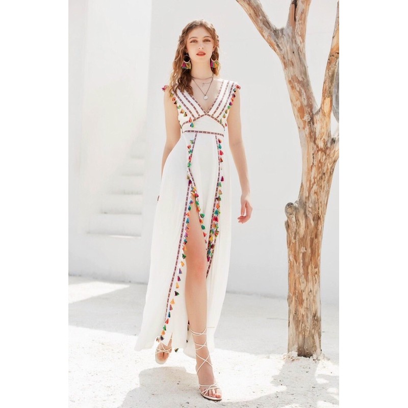 Đầm váy maxi cổ V , hở lưng , đính tua rua đi biển Hakieu MS038