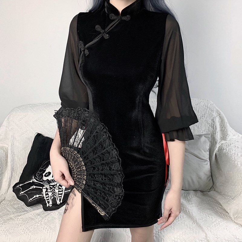 Đầm Sườn Xám Dài Tay Xẻ Tà Phối Lưới Thời Trang Dành Cho Nữ
