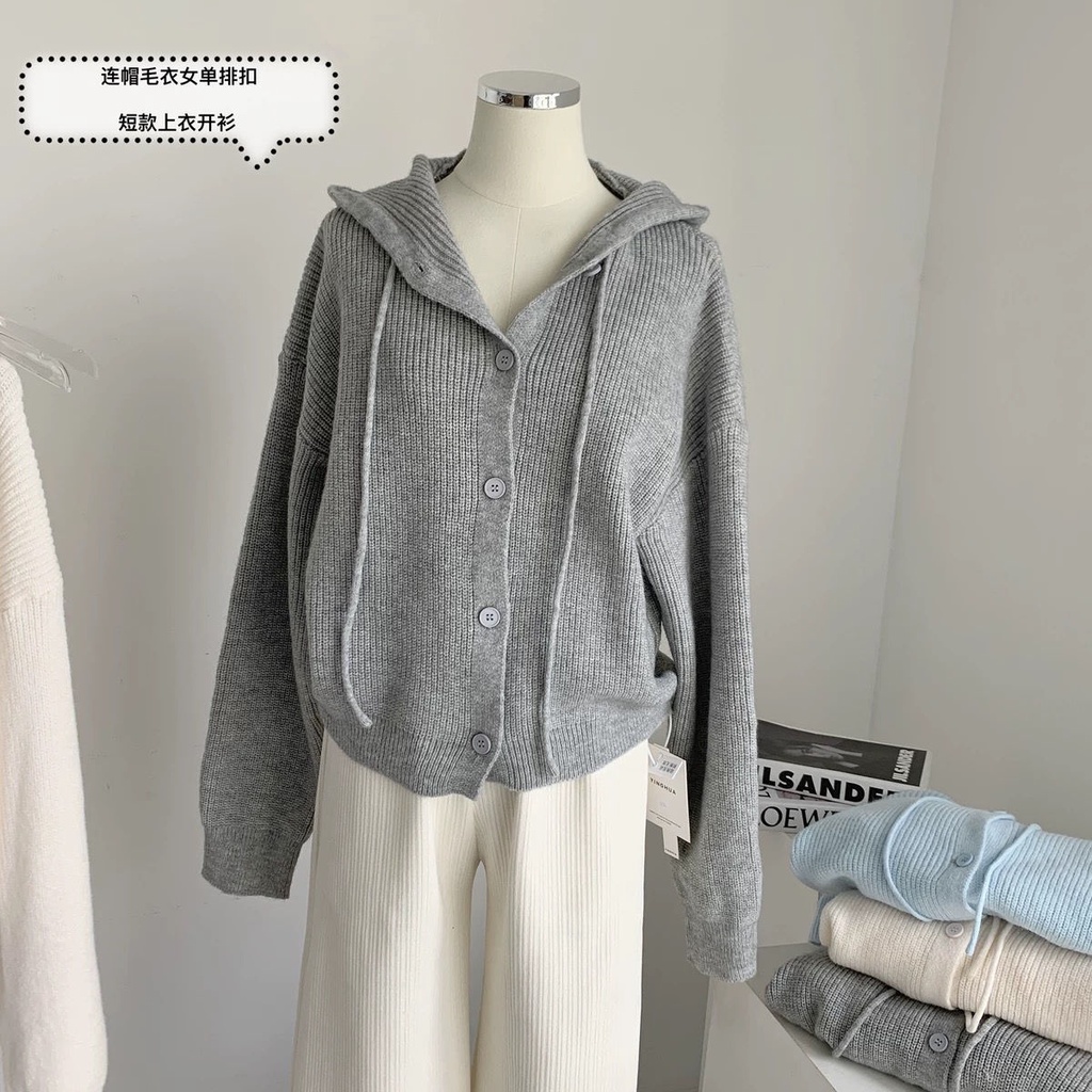 Áo khoác len cardigan có mũ thiết kế thời trang mùa thu màu xanh dương và sữa cho nữ