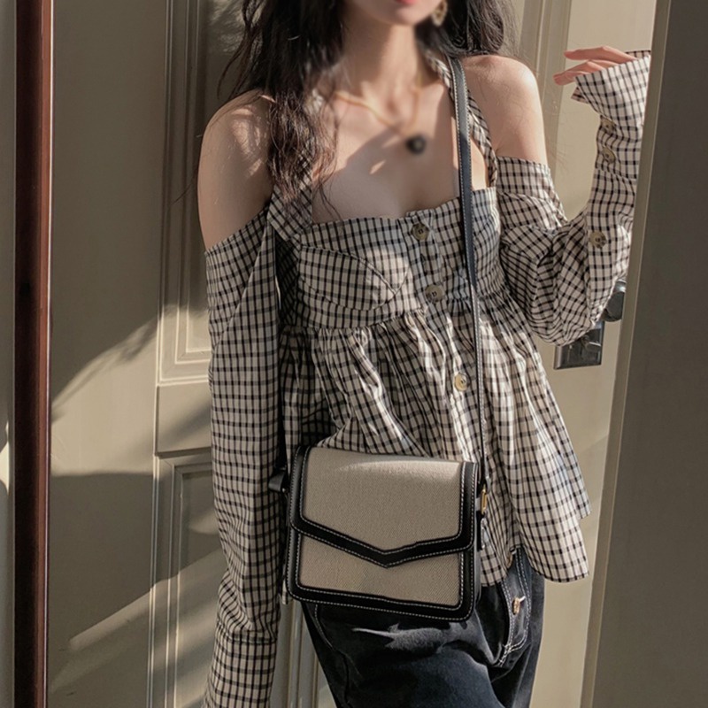 Áo Sơ Mi Tay Dài Dáng Rộng Trễ Vai Họa Tiết Sọc Caro Phong Cách Vintage Hàn Quốc