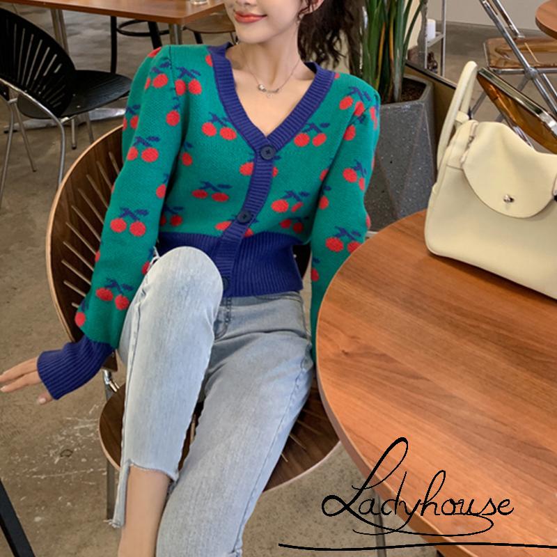 Áo khoác cardigan dệt kim cổ chữ V in họa tiết quả cherry phong cách cổ điển thời trang mùa thu cho nữ