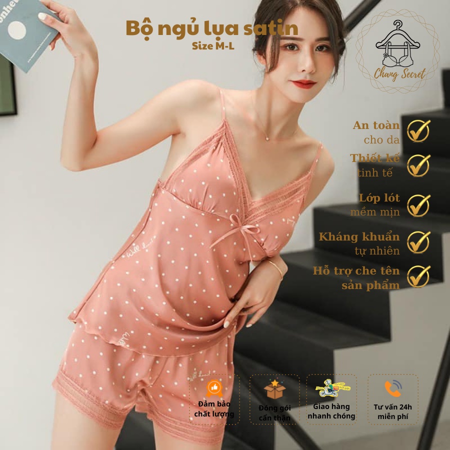 Bộ đồ ngủ quần đùi áo 2 dây lụa satin chấm bi mềm mịn quyến rũ