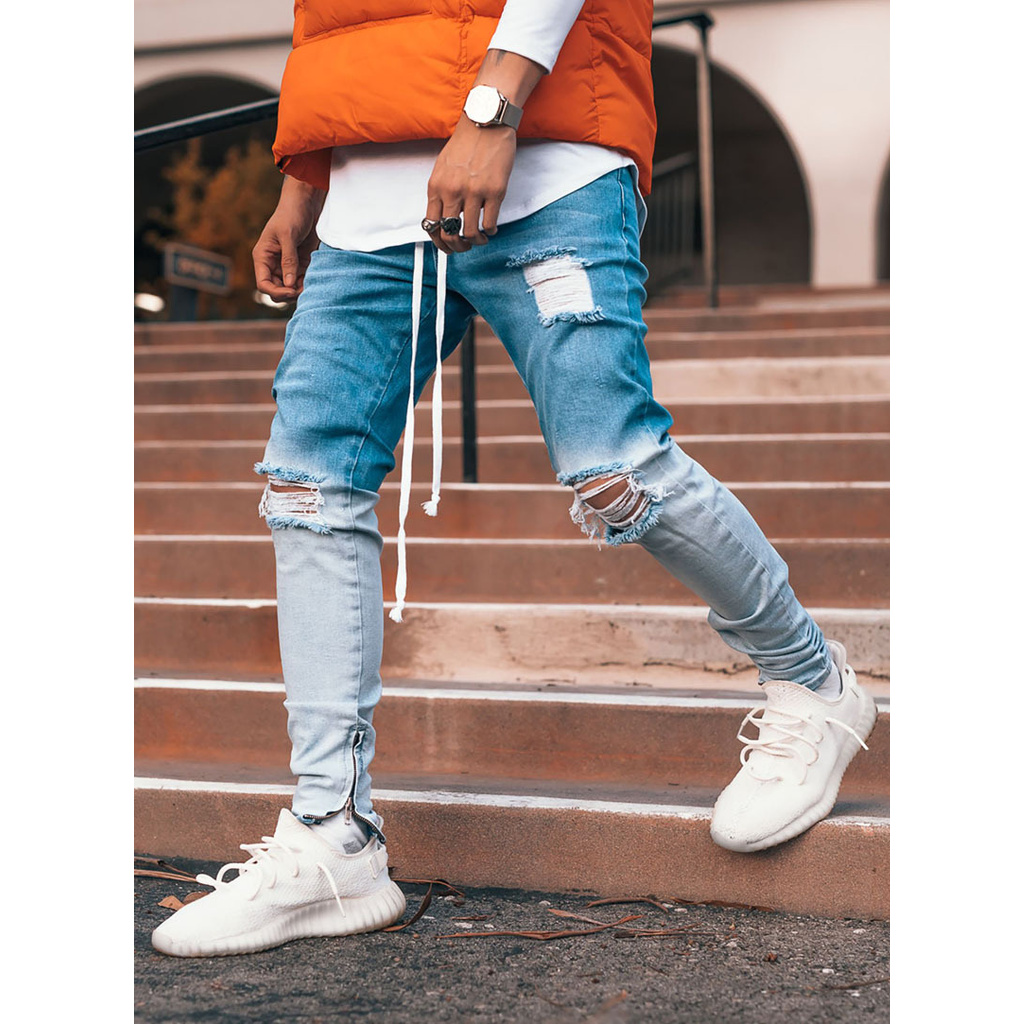 rendy Gradient Men Skinny Jeans Biker Destroyed Slim Fit Denim Ripped Denim Pants Ankle Zipper Pencil Pants Hip Hop Streetwear