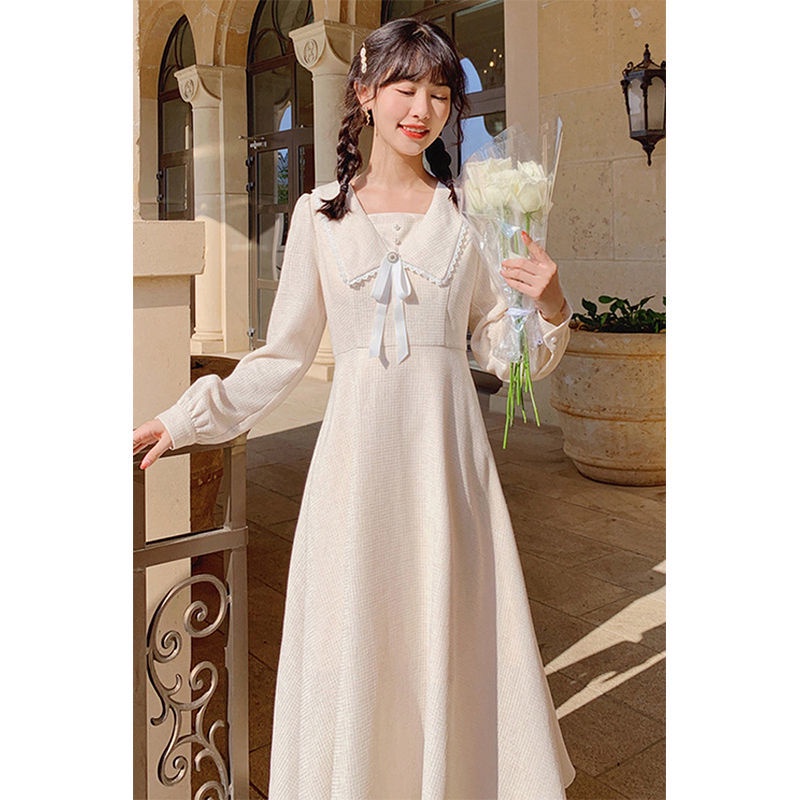 Đầm Trắng Dài Tay Chiết Eo Phong Cách Retro Pháp Thanh Lịch Cho Nữ