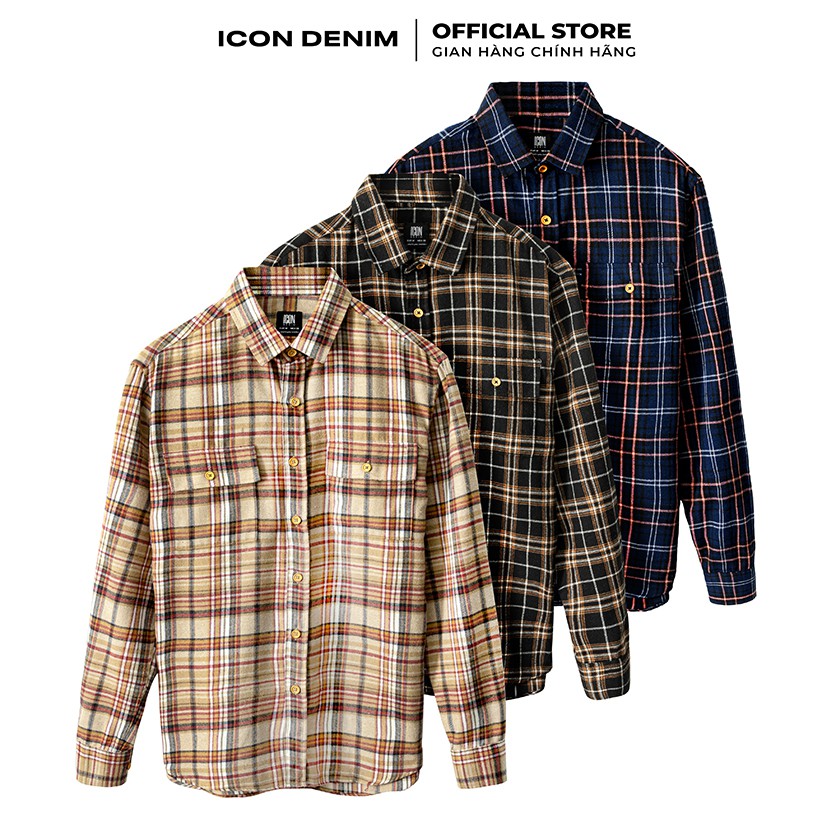 Áo Sơ Mi Nam ICON DENIM Flannel Có Túi Black & Blue Plaid