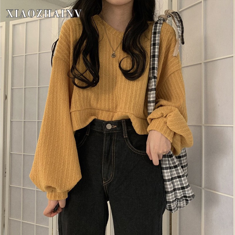 Xiaozhainv Áo sweater Dệt Kim Tay Dài Dáng Rộng Kiểu Hàn Quốc Thời Trang Cho Nữ