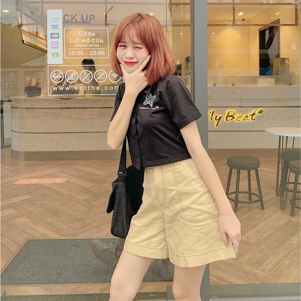 Áo croptop cổ trụ tay ngắn co giãn mềm mịn kiểu dáng thời trang-Cún Shop