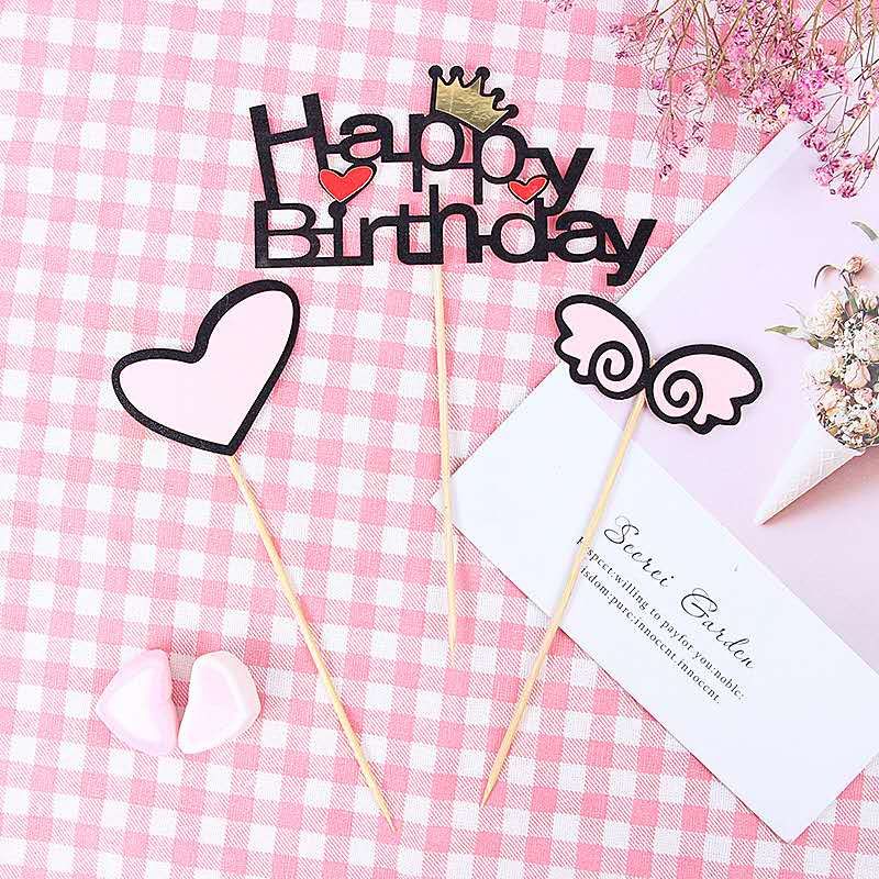Set 3 que cắm HPBD trái tim cánh tình yêu trang trí bánh kem, toper cake