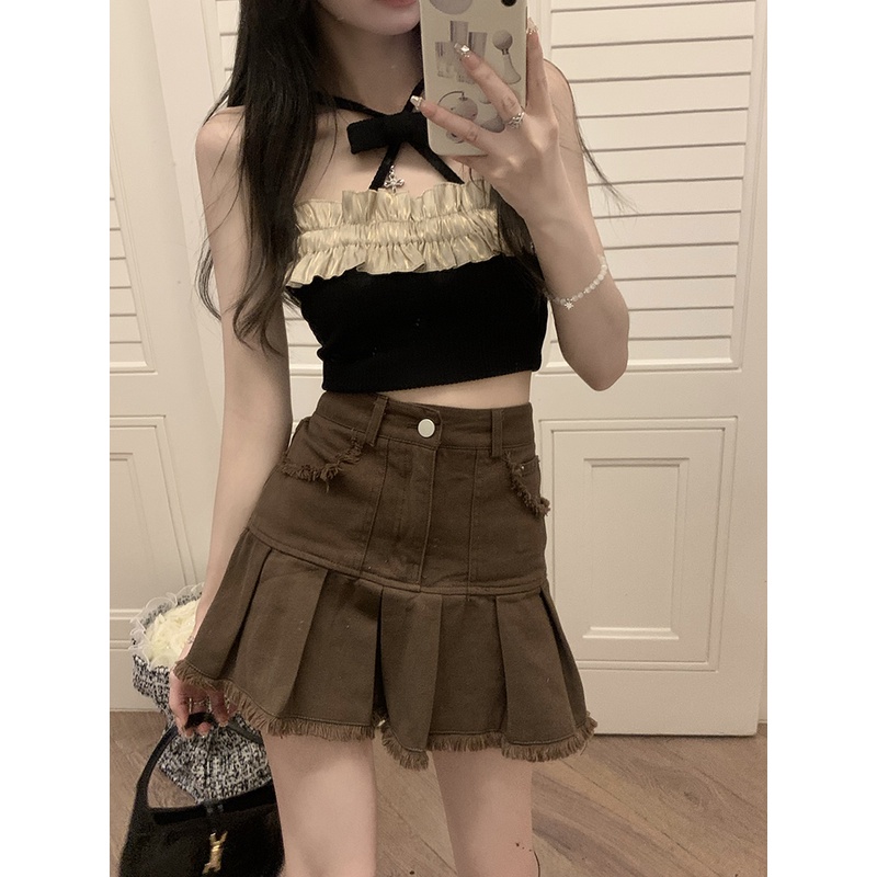 Chân váy jean Chữ A Lưng Cao Xếp Ly Xinh Xắn Dành Cho Nữ