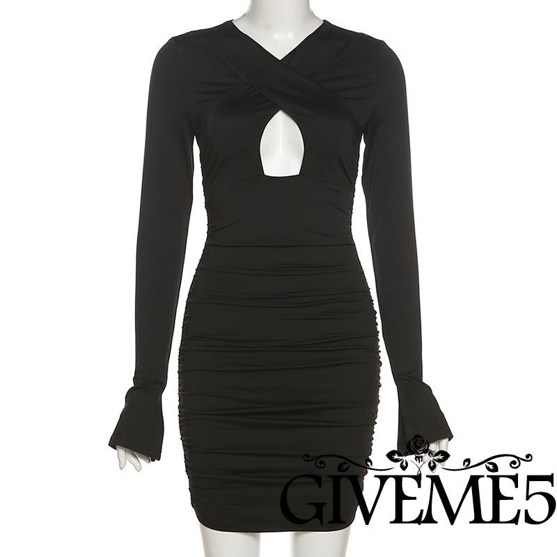 Đầm mini tay dài cổ chữ V màu trơn khoét rỗng size S M L XL cho nữ