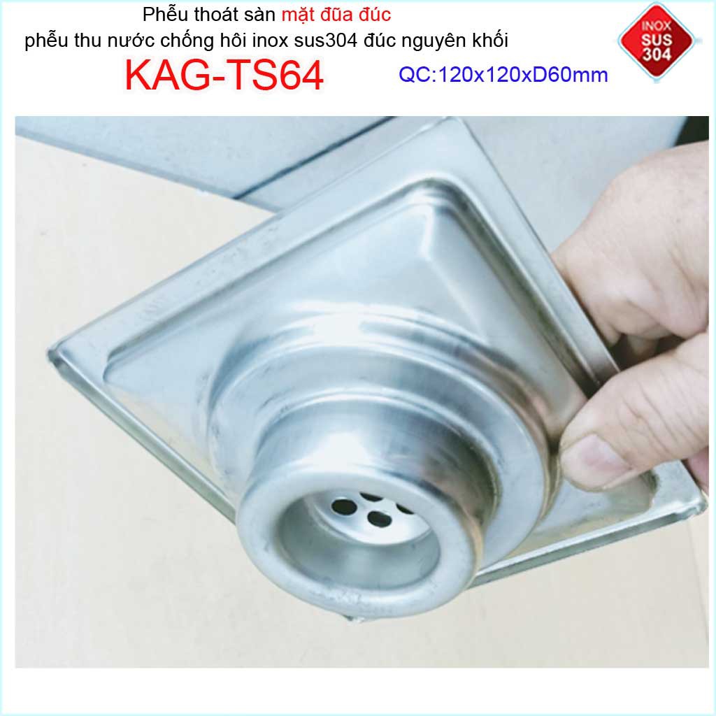 Phễu thoát sàn mặt đũa inox đúc Inox Kace 12x12cm D60 , thoát sàn KAG-TS64 (12x12cm D60) chống hôi SUS304