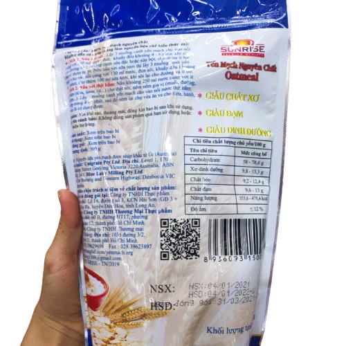 Bột Yến Mạch Nguyên Chất Oatmeal-Sunrise, Gói Xanh (500g)