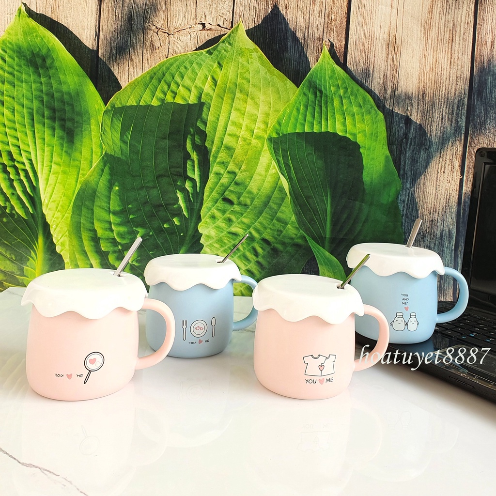 Ly cốc sứ cao cấp hình trứng rán đáng yêu có nắp và muỗng dung tích 400ml