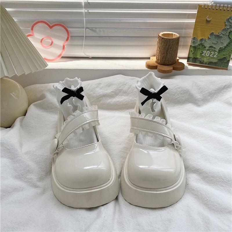 Giày lolita nữ gắn nơ đế cao 4cm,Giày da ulzzang nữ phong cách Hàn Quốc LT80