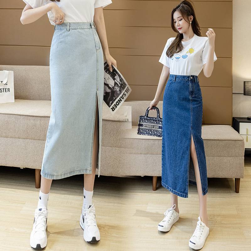 Chân Váy Denim Dáng Chữ A Lưng Cao Màu Xanh Nhạt Phong Cách Hàn Quốc