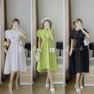 Đầm xoè đũi nhún eo nơ lưng tay phồng xinh xắn