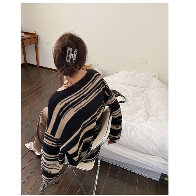 Áo Sweater Dệt Kim Dáng Rộng Kẻ Sọc Thời Trang Mùa Xuân Cho Nữ
