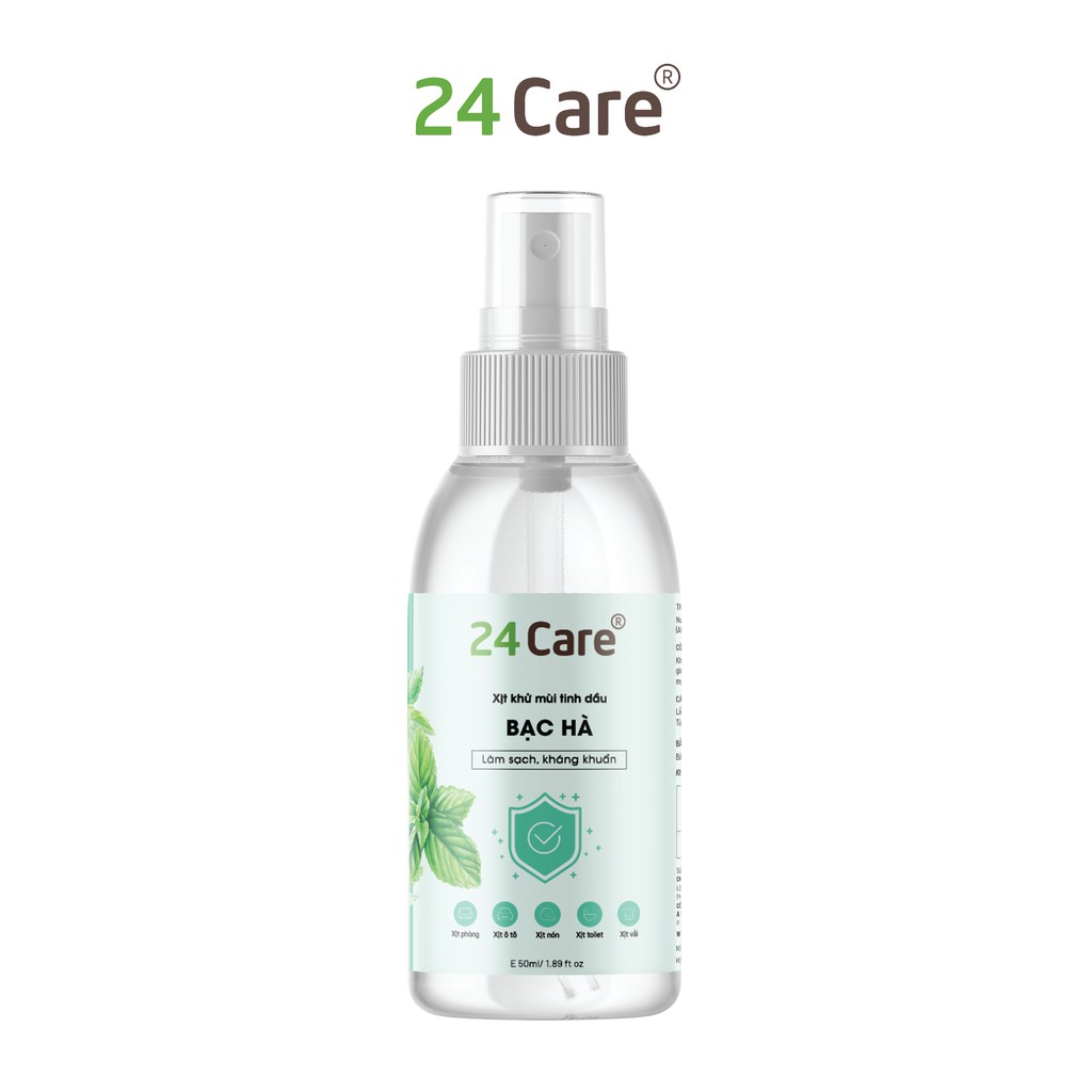 Xịt Phòng Tinh Dầu Bạc Hà Hữu Cơ Organic 24Care 50ML - Kháng khuẩn - Khử mùi hôi - Đuổi muỗi - côn trùng - Tập trung