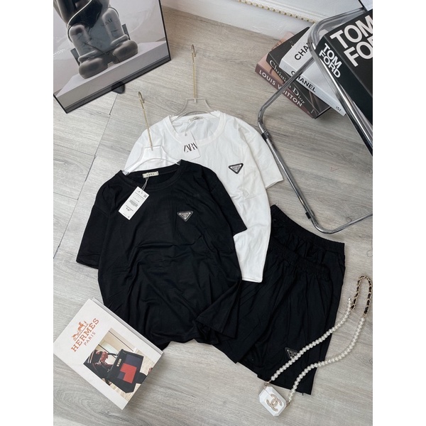 Bộ đùi cotton đen trắng Set áo logo mix quần sooc đùi dáng thụng rộng
