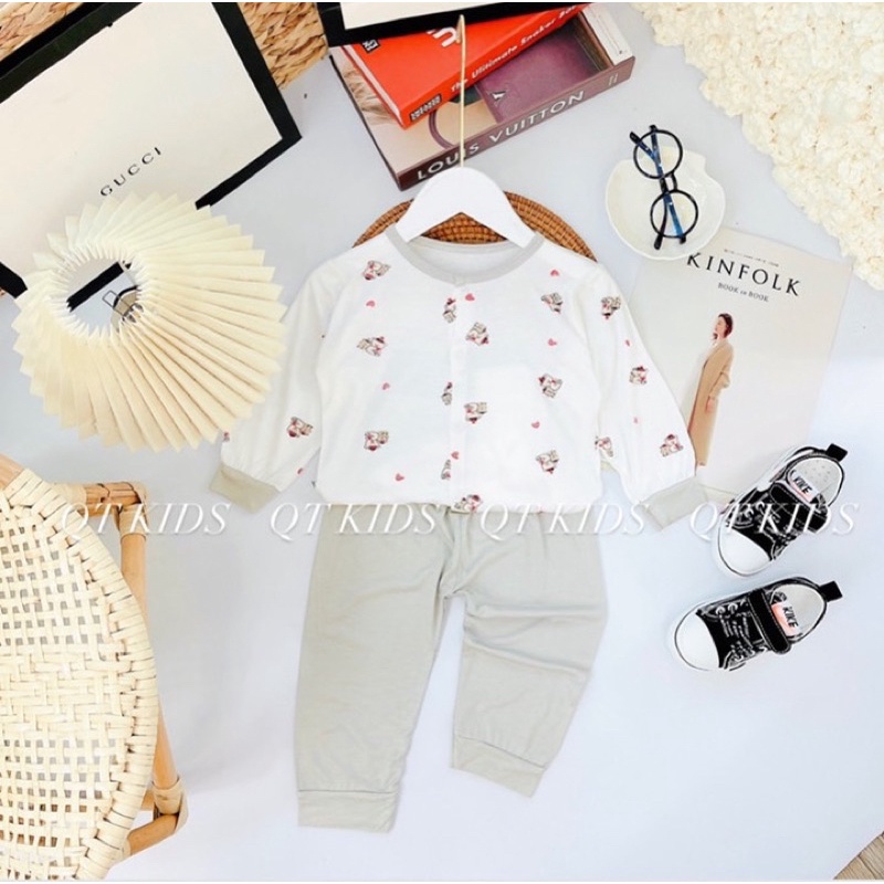 Bộ dài tay khuy giữa Minky chất vải peptit siêu mềm mịn cho bé trai/bé gái- Bộ dài tay Minky peptit