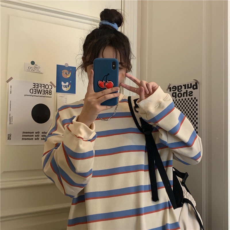 Áo Sweater Mỏng Cổ Tròn Dáng Rộng In Kẻ Sọc Kiểu Hàn Quốc Thời Trang 2022 Cho Nữ