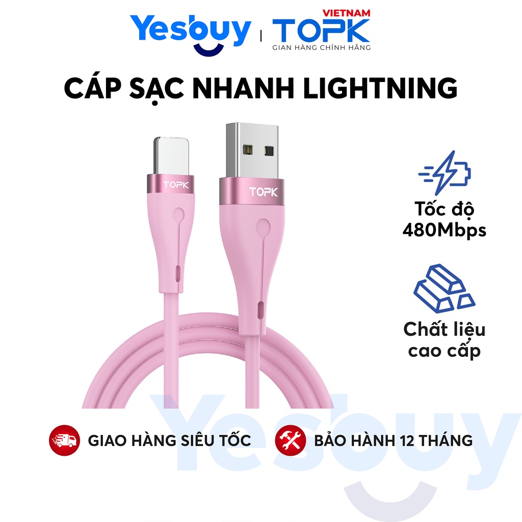 Dây cáp sạc TOPK AN46 dùng cho điện thoại  Vỏ TPE silicon dẻo chống đứt gãy - Hàng chính hãng Bảo hành 12 tháng