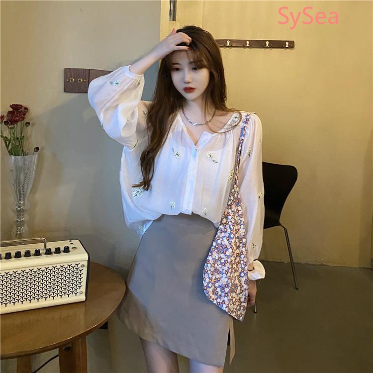 Plus Áo Sơ Mi Chiffon Chống Nắng Họa Tiết Hoa Phong Cách Pháp Cá Tính