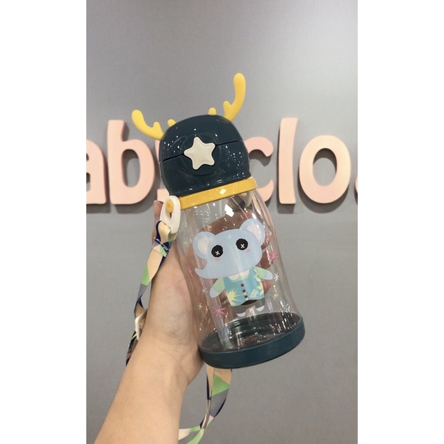 [RẺ VÔ ĐỊCH] Bình nước nhựa cao cấp có ống hút kèm dây đeo cho bé họa tiết hoạt hình dễ thương