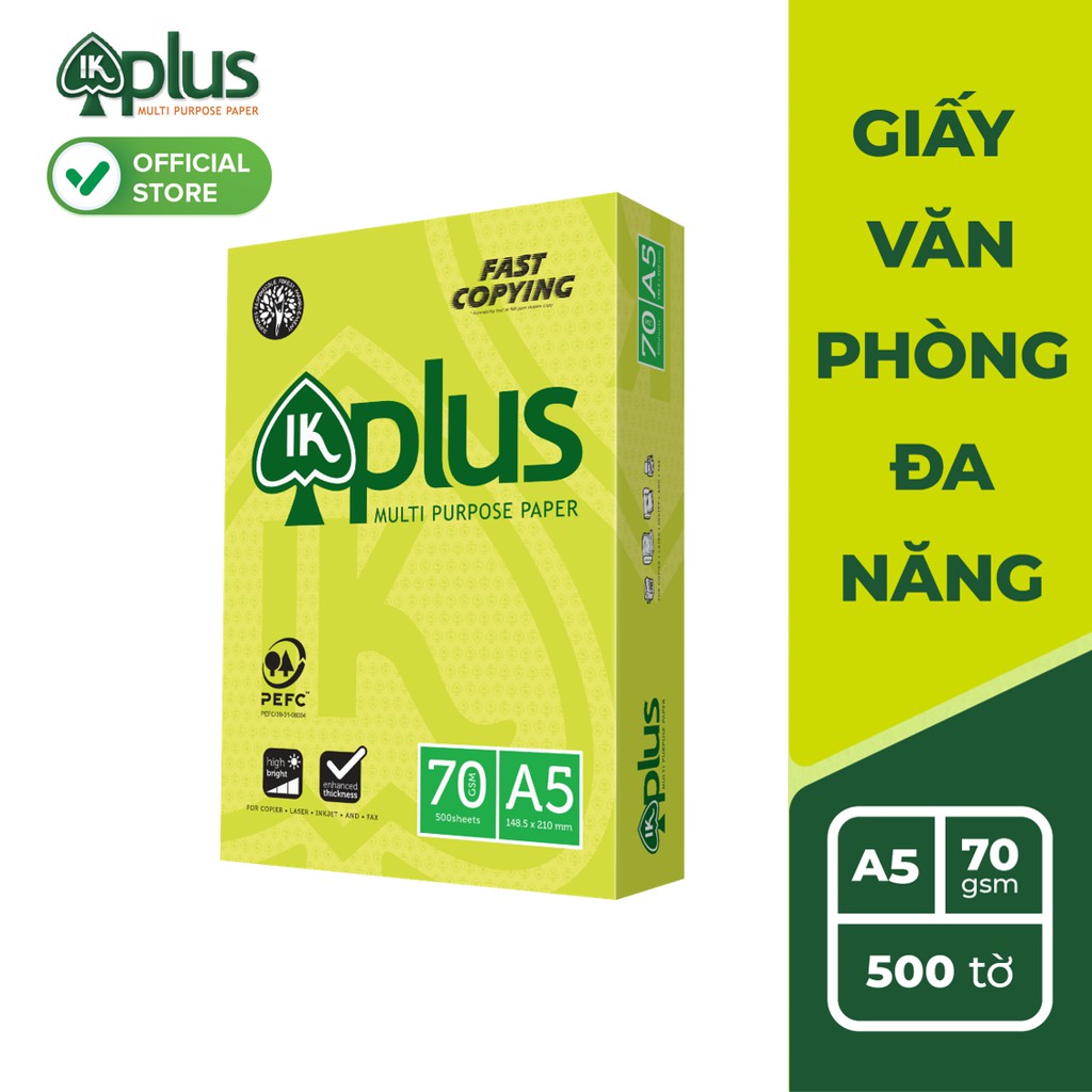 Giấy IK PLUS A5 70gsm - Giấy photo, giấy in văn phong, giấy vẽ - Hàng chính hãng
