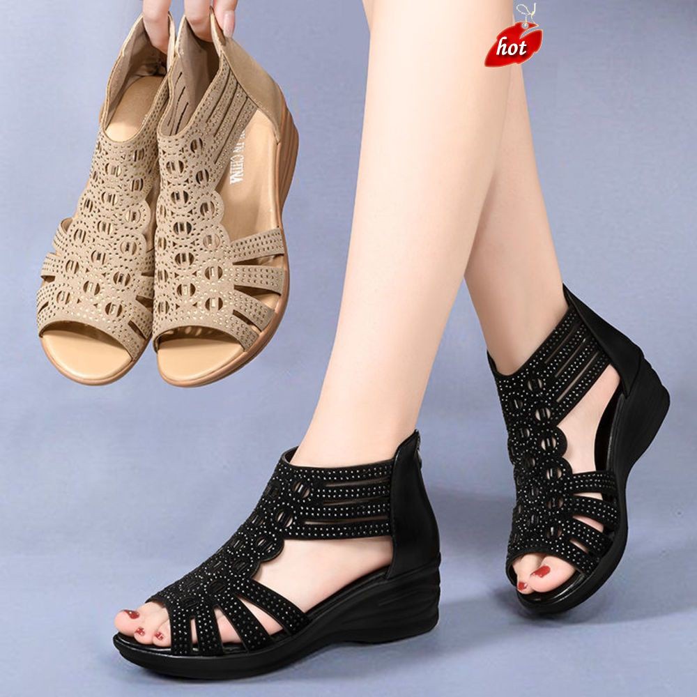 Giày sandal đế xuồng mềm mại hở ngón đính đá sang trọng thời trang cho phụ nữ trung niên