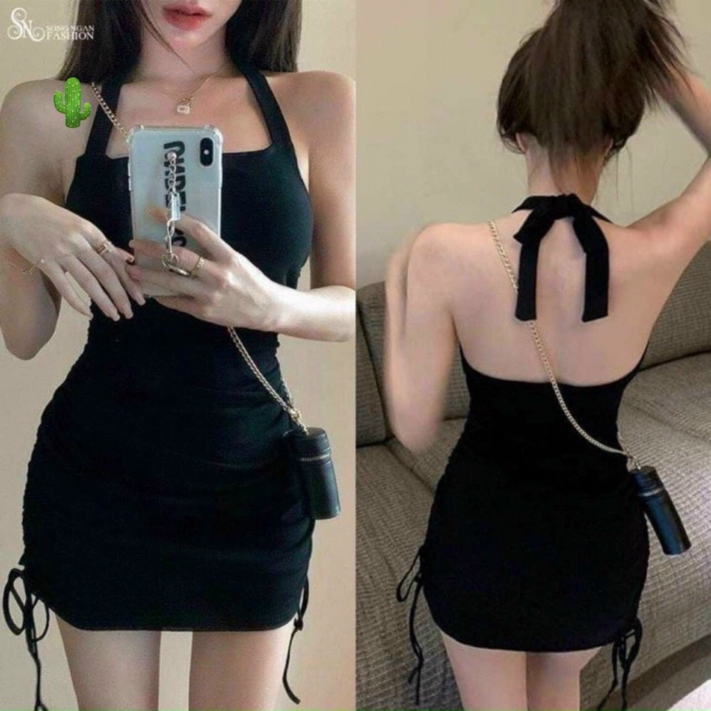 đầm body borip kiểu cổ yếm hở lưng rút dây