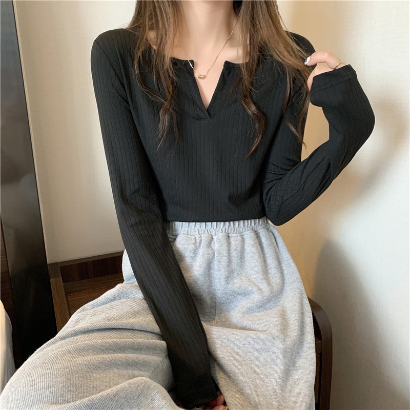 Áo SUXI tay dài cổ chữ V màu sắc đơn giản phong cách vintage