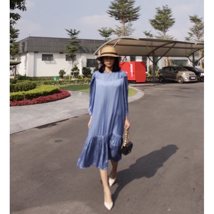XÍN-Đầm nữ vải tơ- dáng babydoll tay dài  - cổ thuyền, hàng thiết kế cao cấp