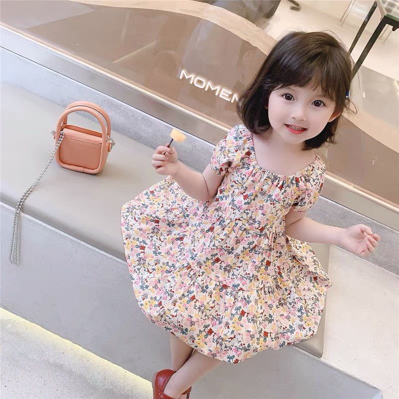 Váy cho bé gái hoa nhí tay bồng bo chun ngực nơ lưng buộc