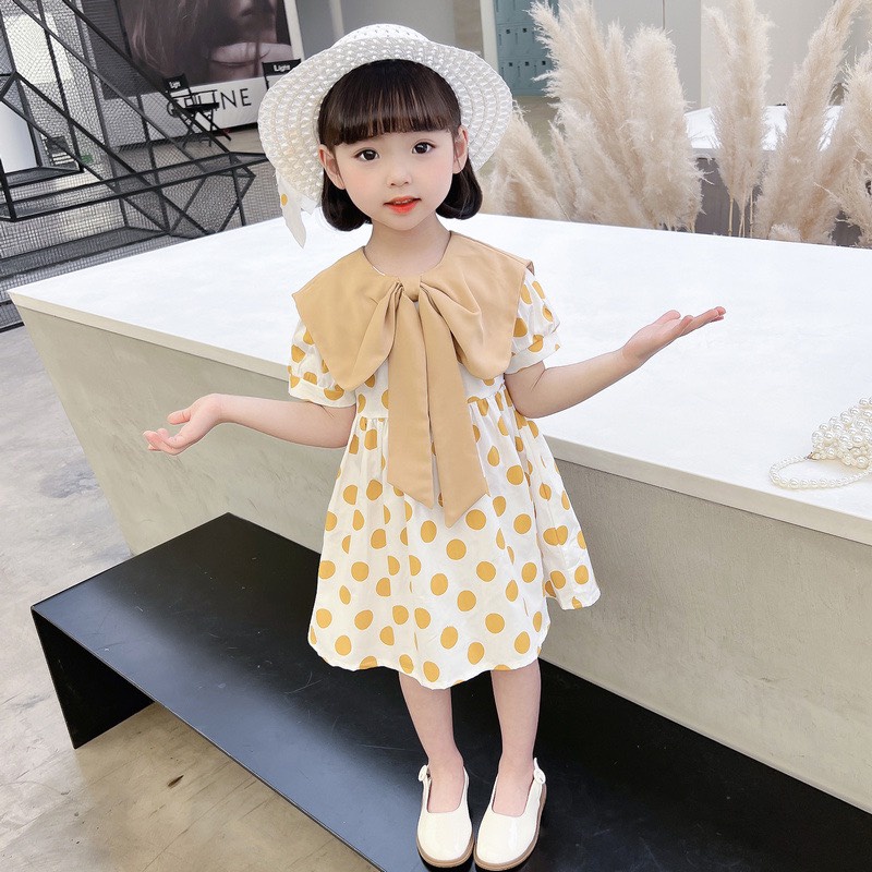 Váy bé gái chấm bi nơ cổ to 2 mầu xanh vàng XHN982