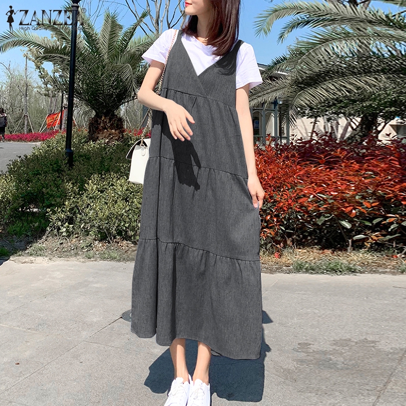 ZANZEA Đầm cổ V không tay phối túi bên thời trang thường ngày cho nữ | BigBuy360 - bigbuy360.vn