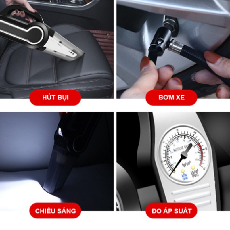 Máy Hút Bụi Ô Tô, Máy Bơm Lốp Ô Tô Đa Năng 4 IN 1 Chế Độ Hút Bụi - Bơm Lốp  - Đo Áp Suất Lốp - Đèn Pin Soi Sáng