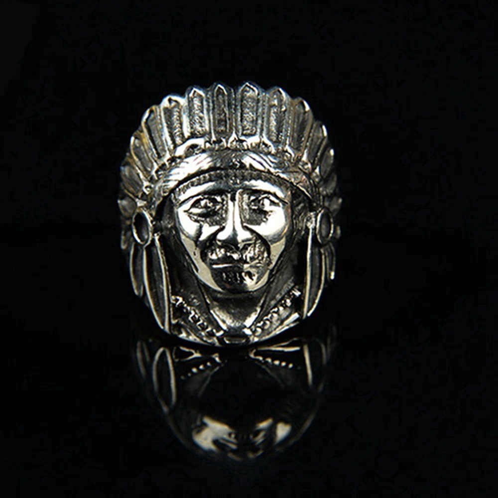 Retro Biker Cincin Paduan Pria Suku Indian Kepala Cincin Kepala Punk Rocker Tokoh Perhiasan