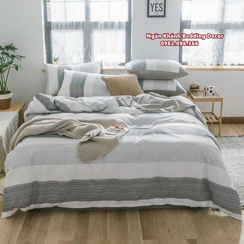 Bộ chăn ga gối ga giường cotton living Hàn Quốc mẫu kẻ sọc mới nhất - Ngân Khánh Bedding drap giường