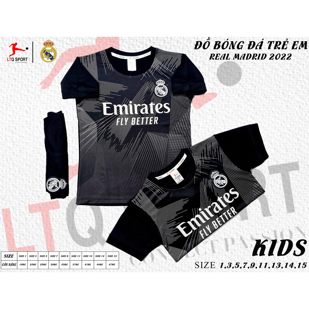 Bộ quần áo bóng đá trẻ em Real Madrid vải thun lạnh mềm mịn thoải mái màu đen - LTQ SPORT