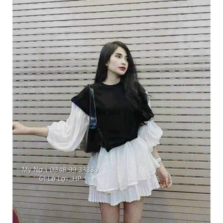 áo baby doll đen trắng cột nơ eo
