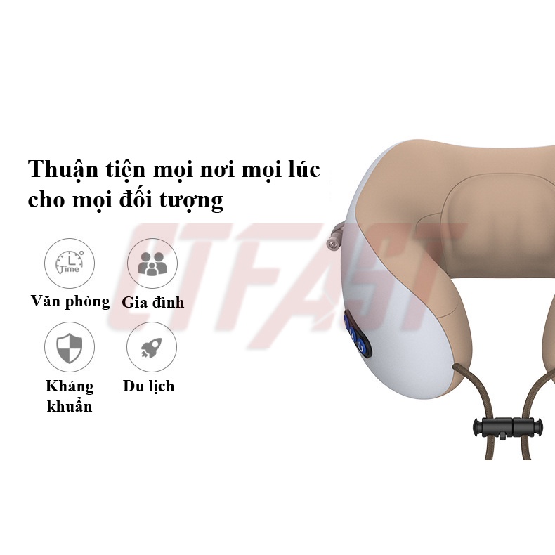 Gối massage cổ chữ U cao cấp CTFAST 01, mát xa 3 D giúp giảm đau cổ vai gáy, làm gối ngủ văn phòng