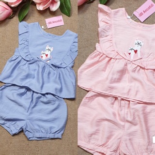 SIZE 1-12 (8-35KG) ĐỒ BỘ BÉ GÁI ÁO TAY CÁNH TIÊN QUẦN ĐÙI VẢI TƠ SỌC HIỆU ANCOTIDI THÊU HÌNH MÈO