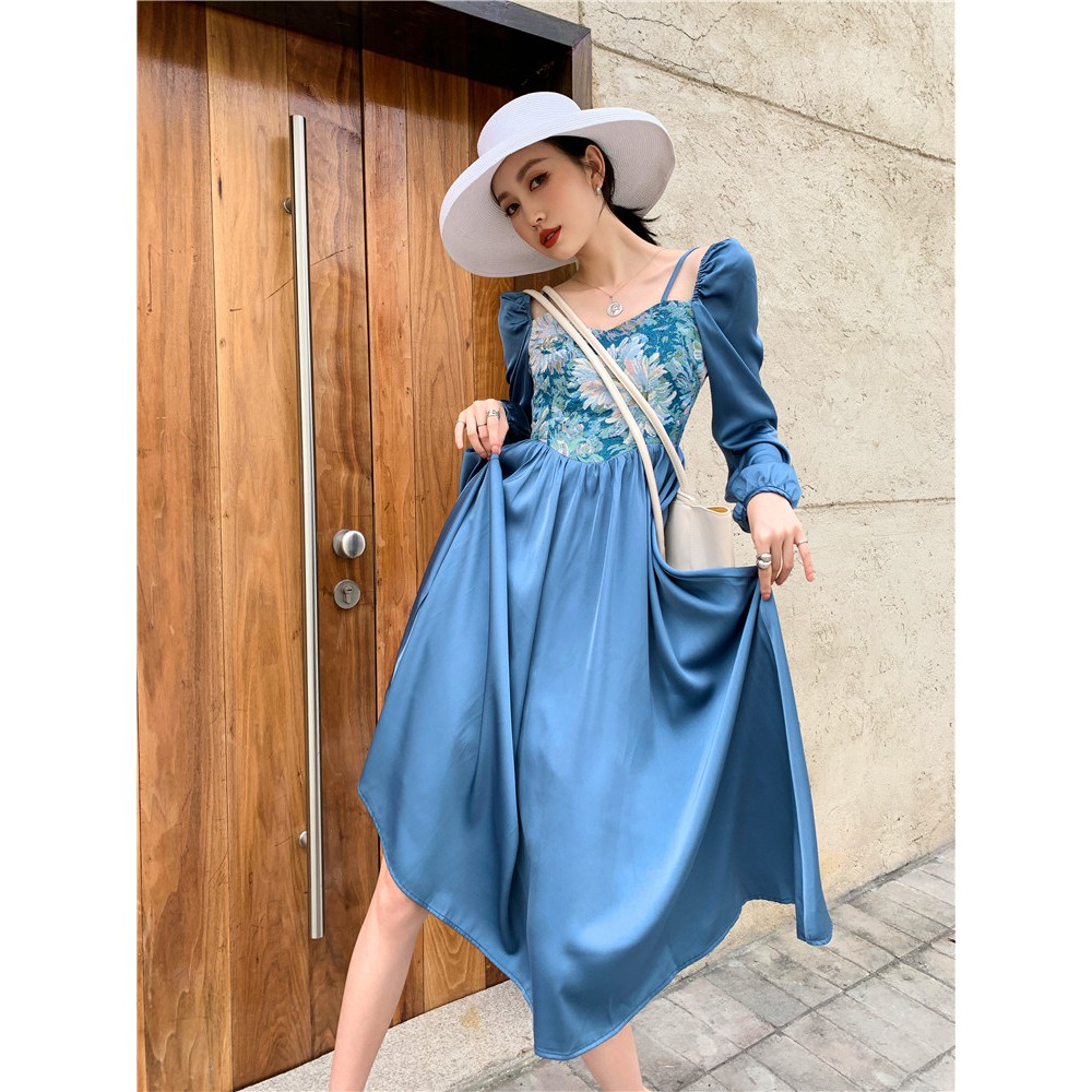 M138 - Váy lụa tiểu thư Ulzzang thêu hoa sơn dầu hai dây dáng xòe dự tiệc sang trọng